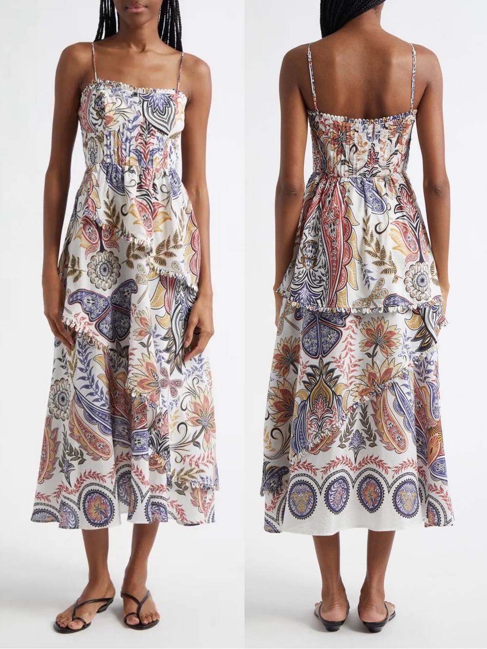 Farm Rio Boho Glam Tiered Floral Crepe de Chine Midi Sun Dress Small NWT